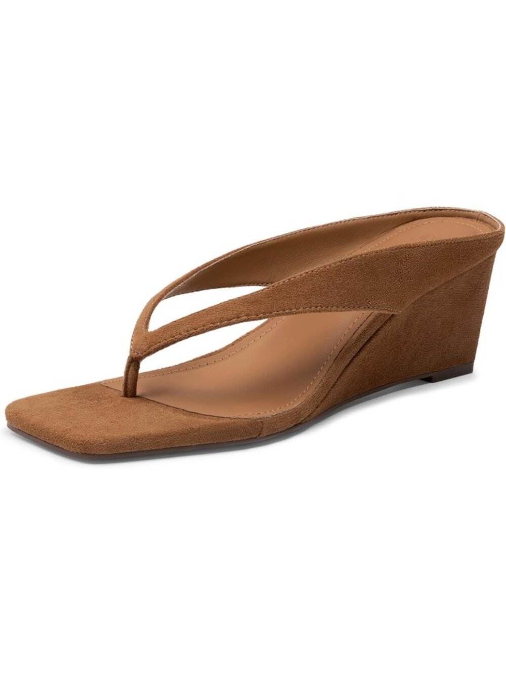 Women's Brown Suede Flip Flop Low Wedge Sandals Open Square Toe Heeled Sandals